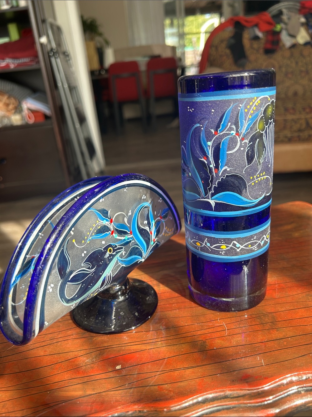 Blue Hand-Painted Glass Napkin Holder with Floral Wave Design